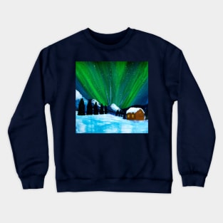 Aurora Borealis Snow Cabin Landscape Crewneck Sweatshirt